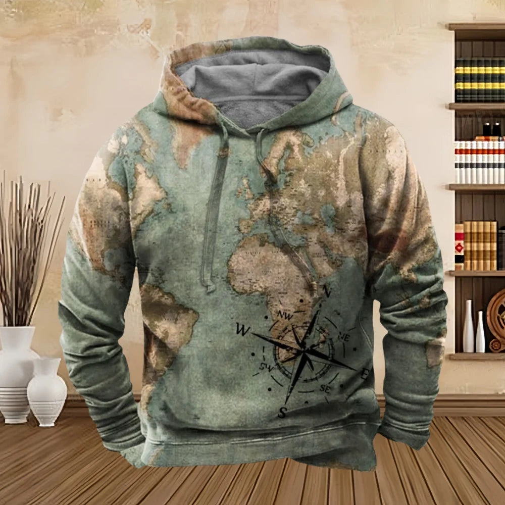 Abstract Vintage compass Design on blue, beige Hoodie Pullover