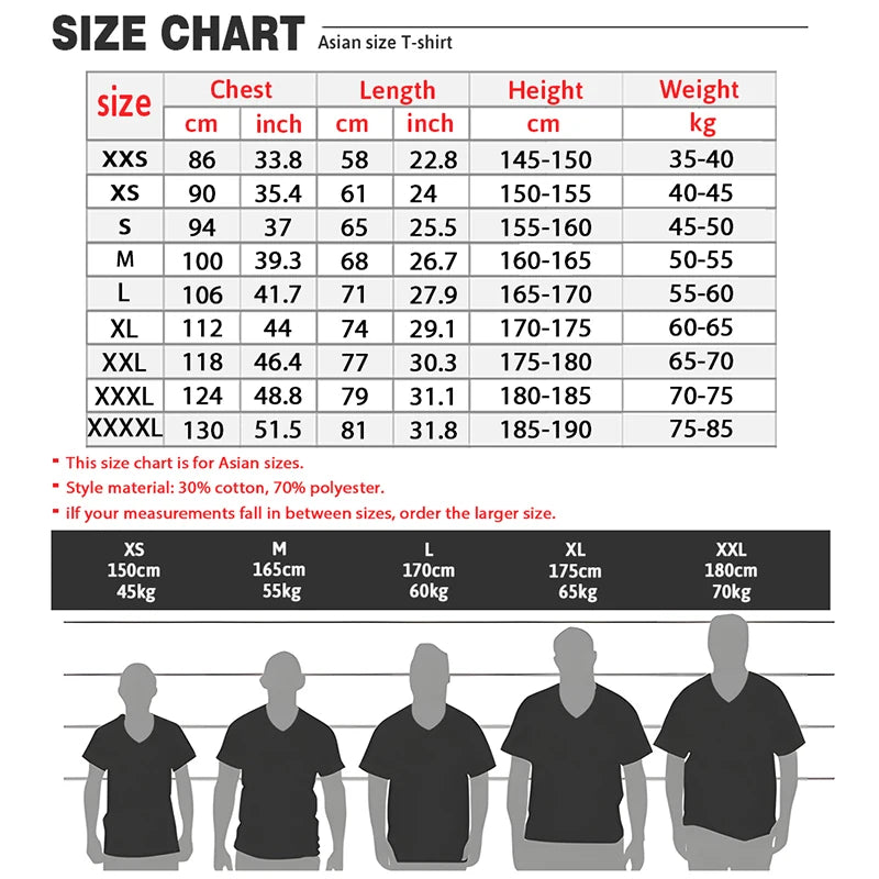 Size chart for Asian T-shirt sizes with measurements and corresponding images of people wearing the shirts.
