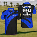 Black and blue polo shirt with golf-themed text on a golf course background
