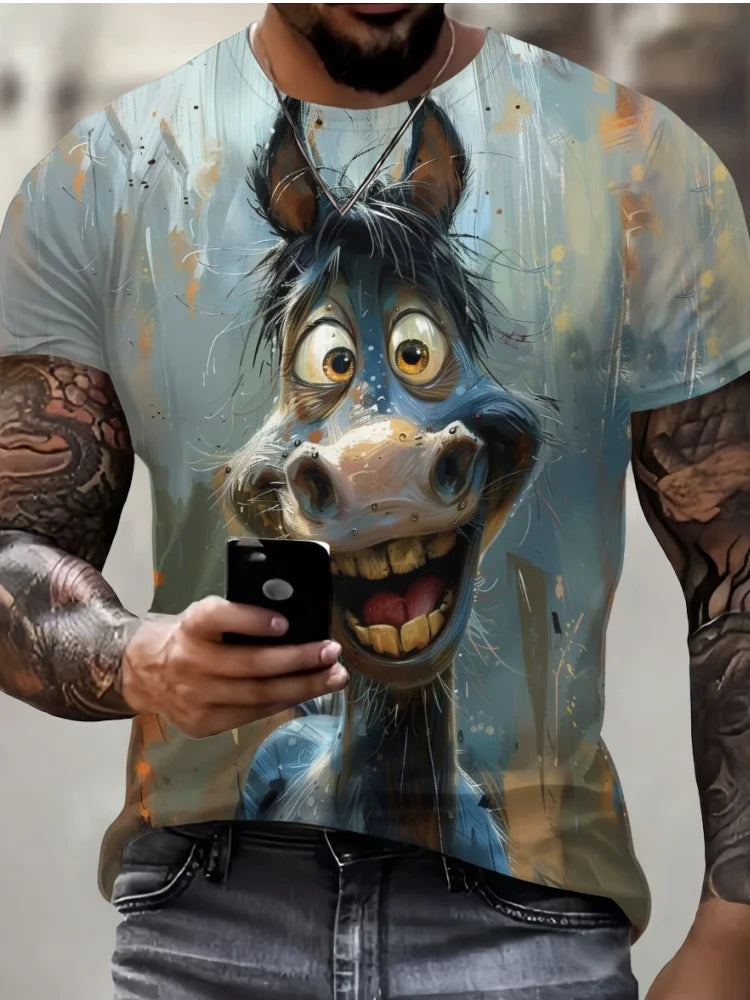 Person wearing a t-shirt with a cartoon donkey design, holding a phone.