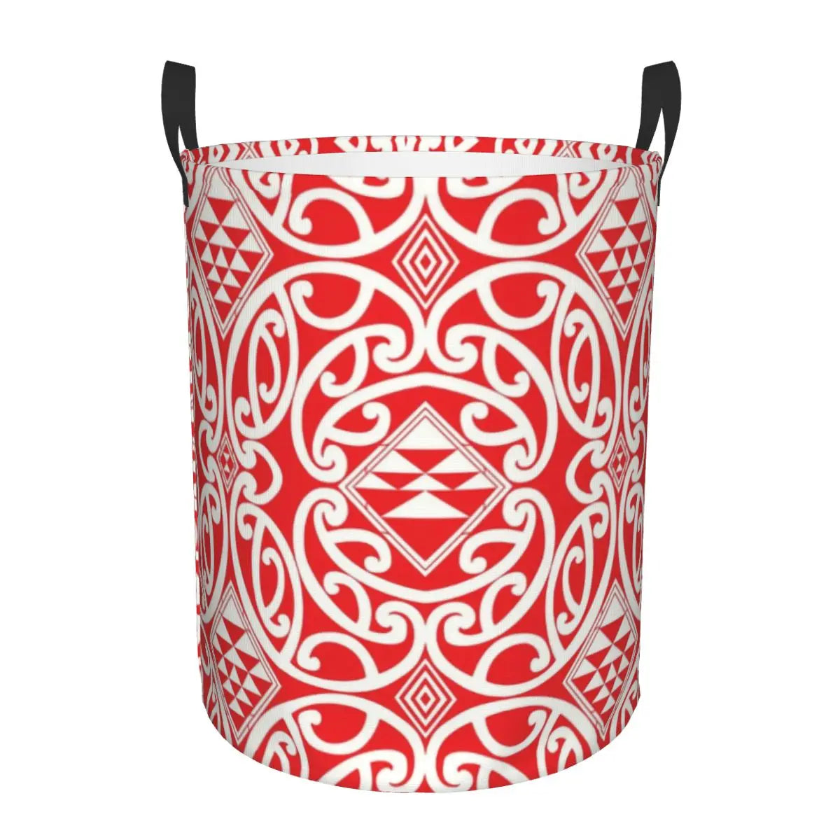 Red and white patterned laundry basket with black handles on a white background