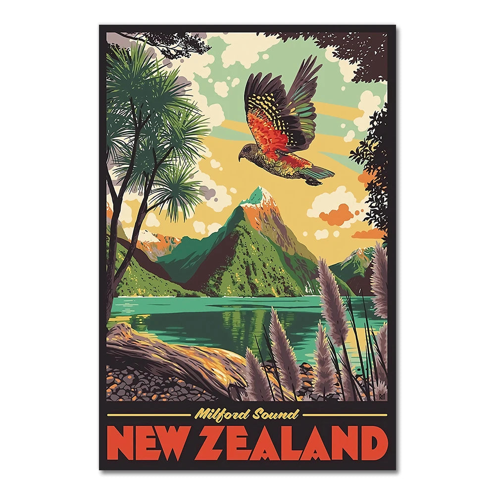 Vintage-style poster of New Zealand with a bird, mountains, and lake.