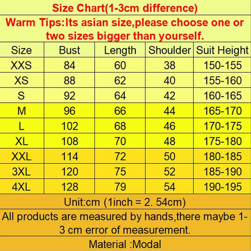 Size chart for clothing with measurements in centimeters on a yellow background