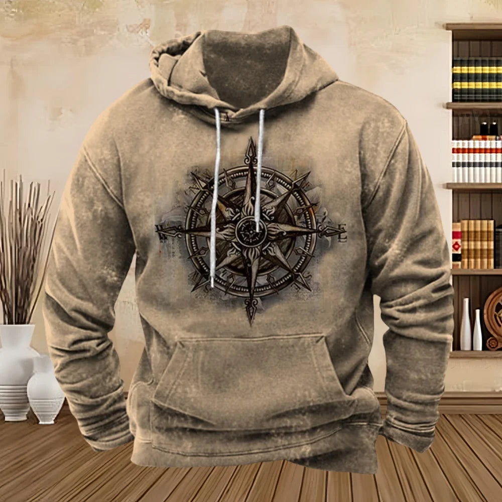 Abstract Vintage compass Design on a beige Hoodie Pullover