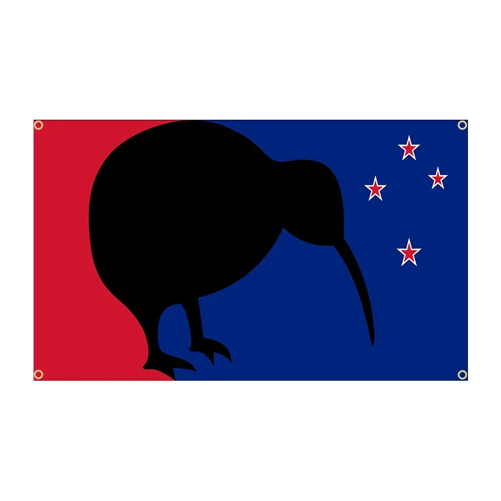 Flag with a kiwi bird silhouette on a red and blue background