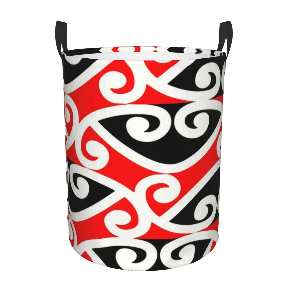 Decorative laundry basket with red, black, and white pattern on a white background