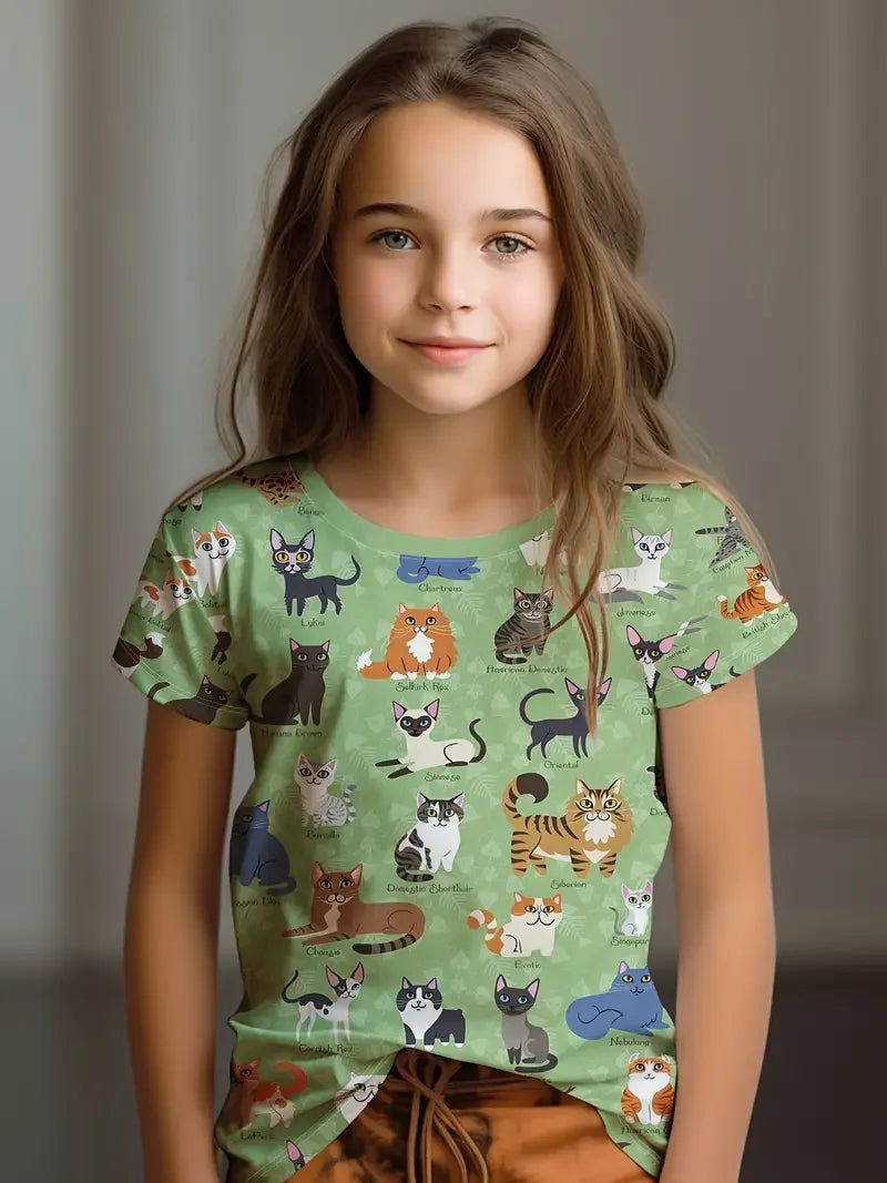 Young girl wearing a green t-shirt with cat illustrations against a neutral background