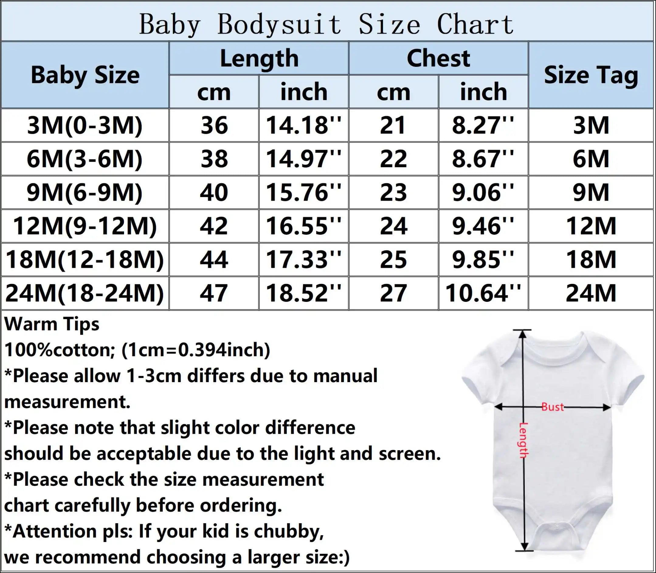 Baby bodysuit size chart with measurements in centimeters and inches.