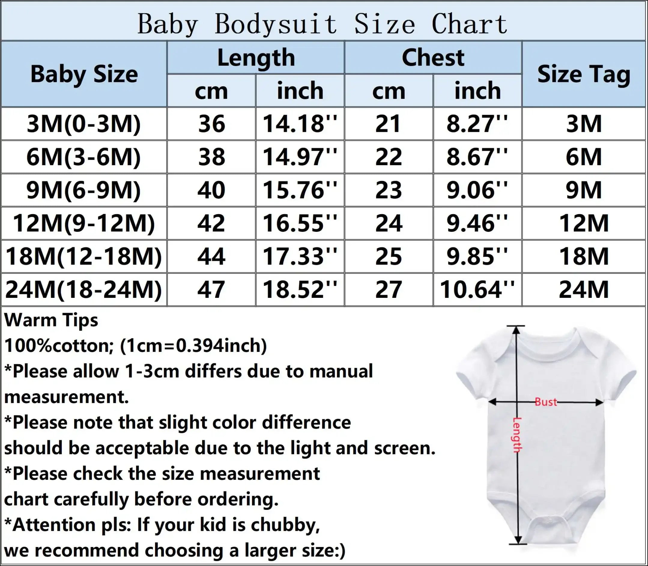 Baby bodysuit size chart with measurements in centimeters and inches.