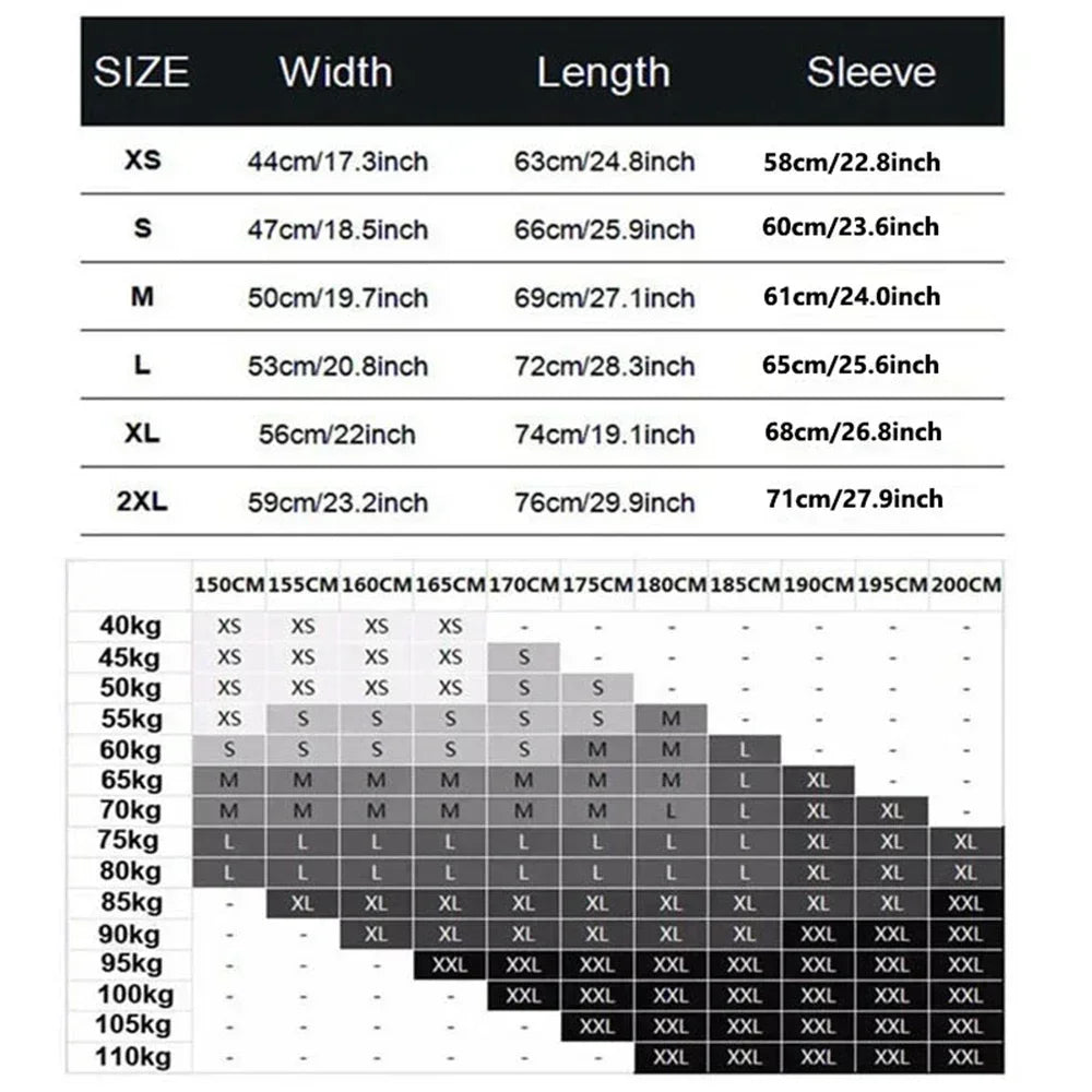 Size chart for clothing with dimensions in centimeters and inches.