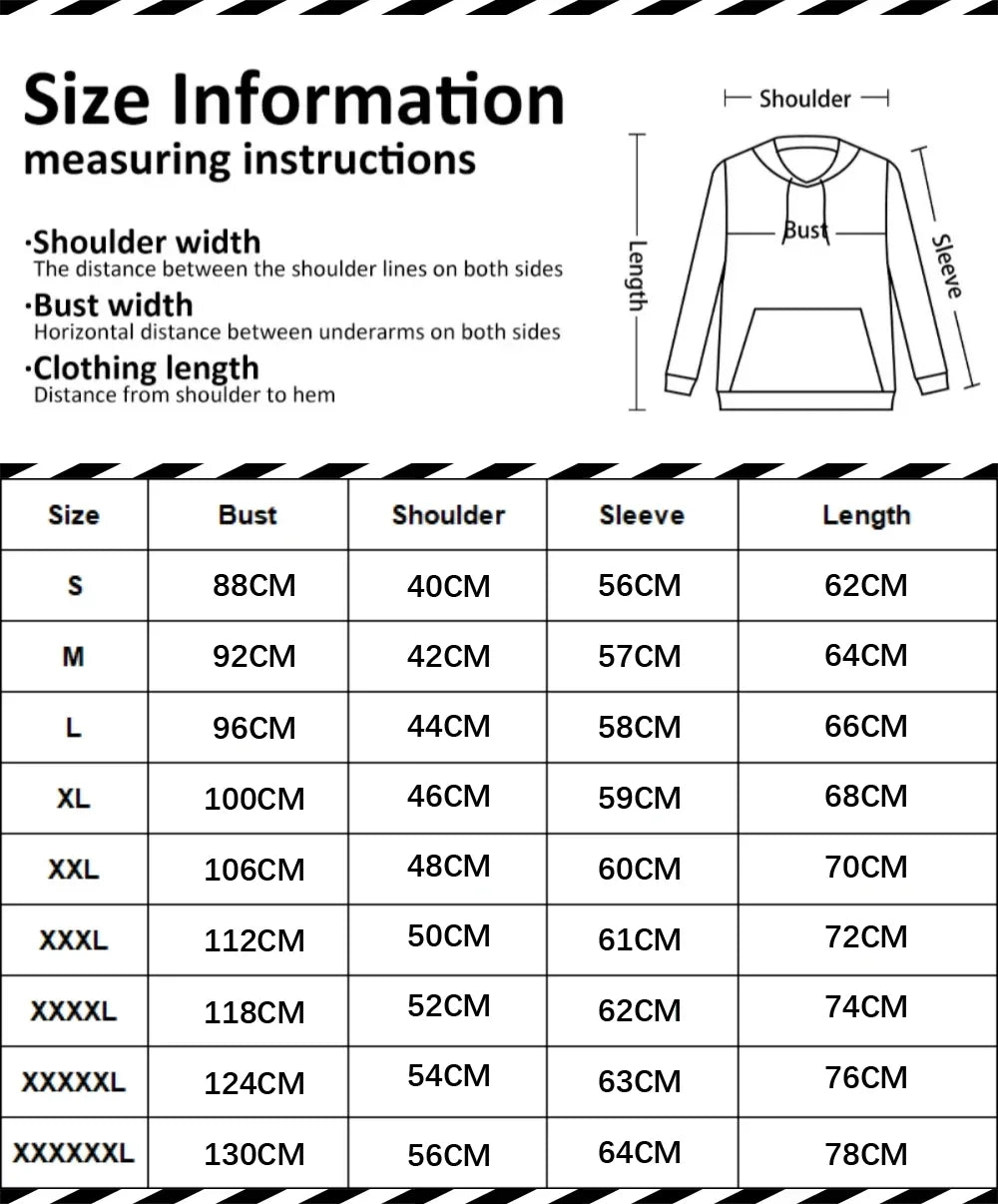 Size chart for a hoodie with measurements in centimeters