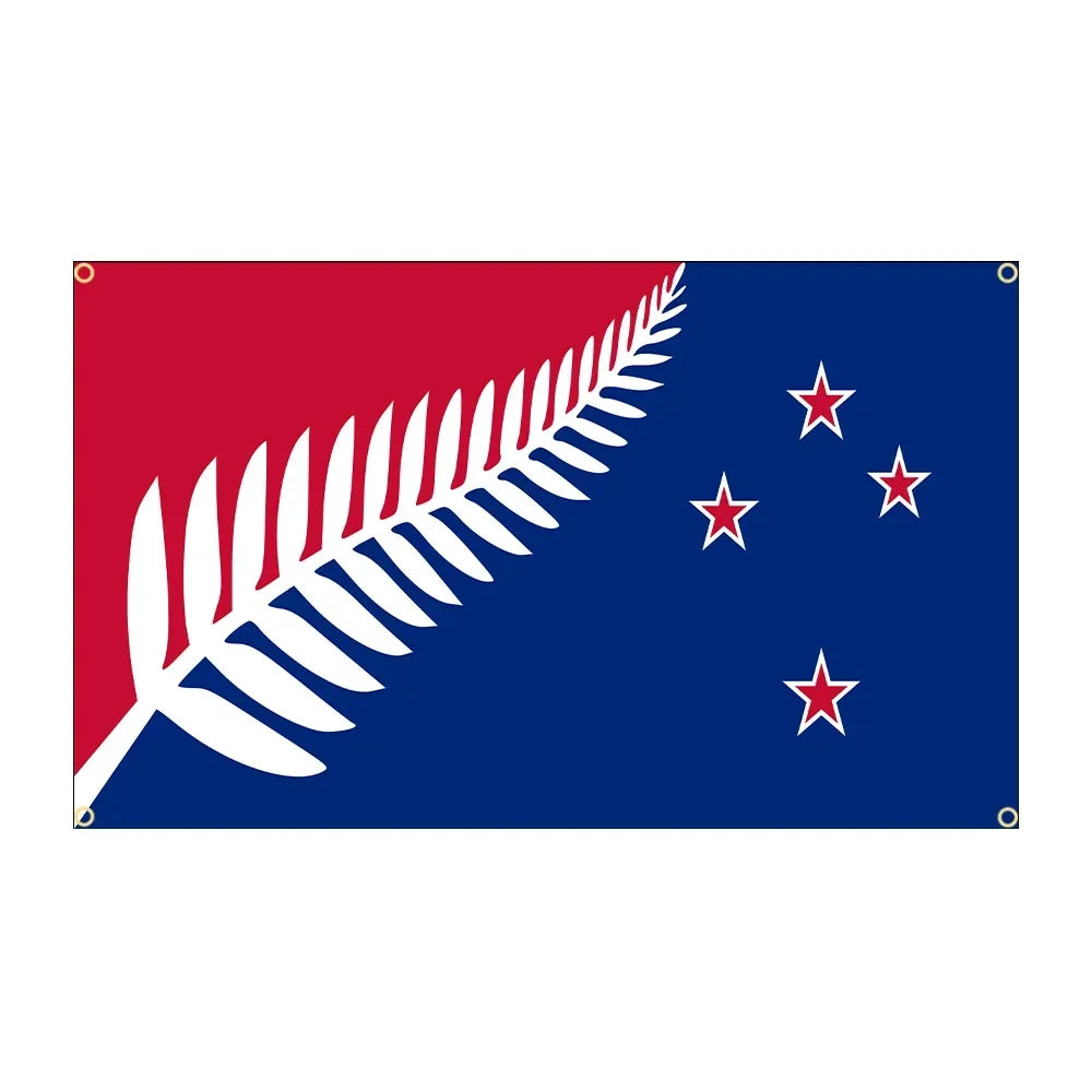 Flag of New Zealand with a red background, white silver fern, and three red stars on a blue field.