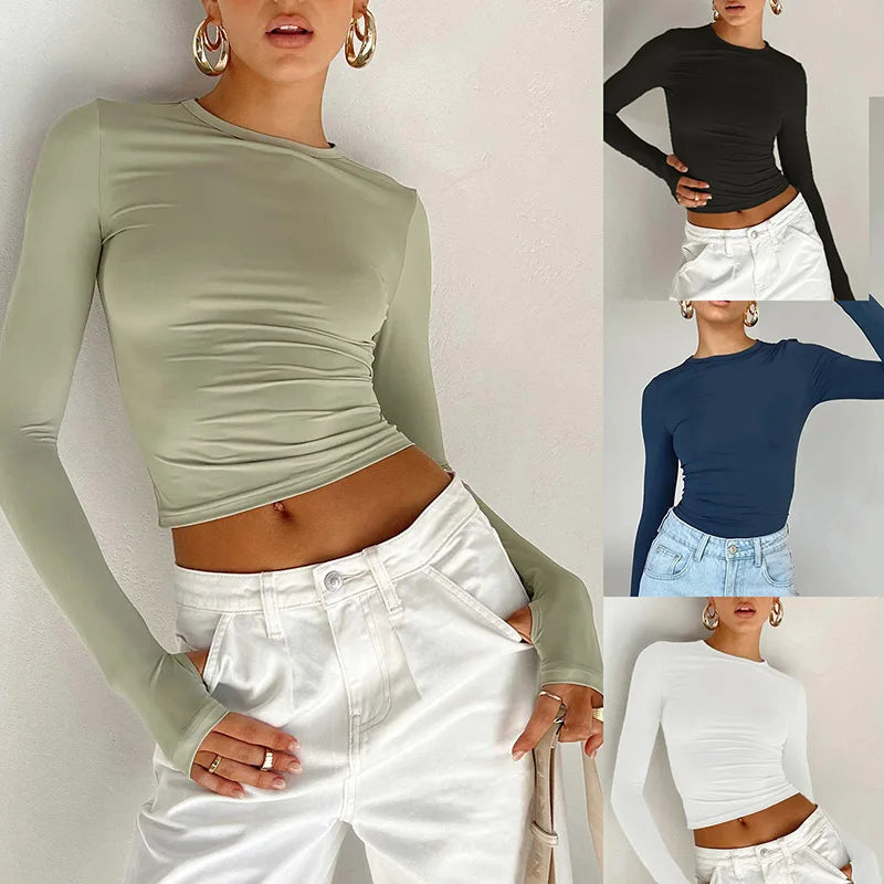 Collage of a person wearing long-sleeve crop tops in different colors with white pants.