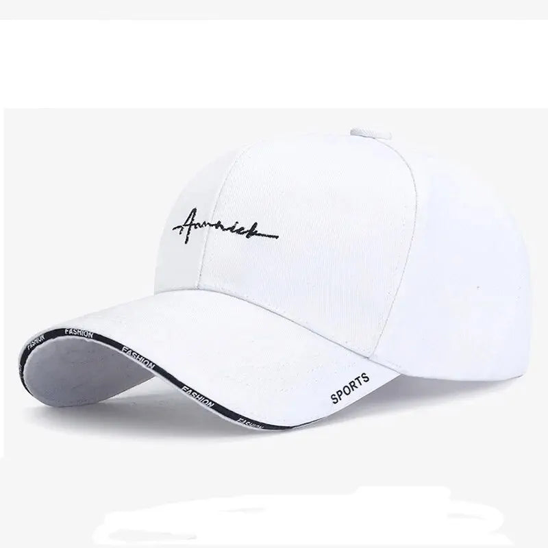 White cap with black text on a white background