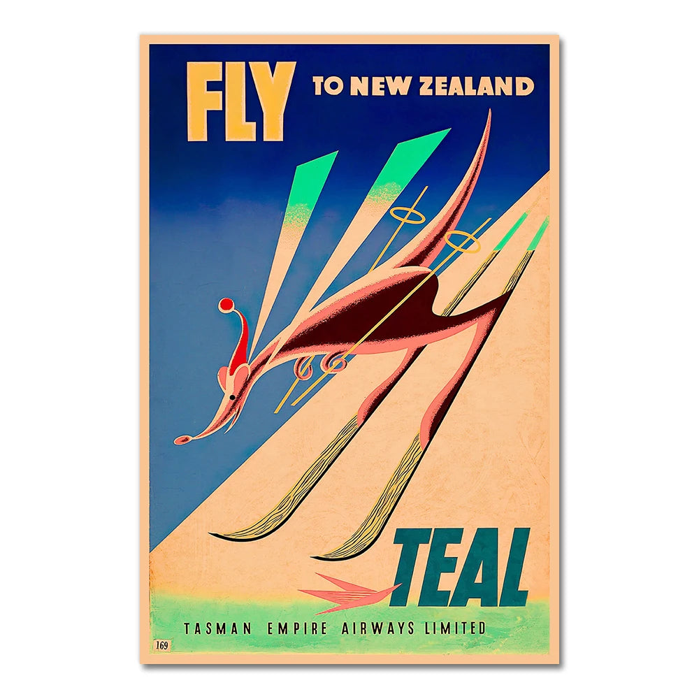 Vintage travel poster promoting 'Fly to New Zealand' with a stylized bird design.