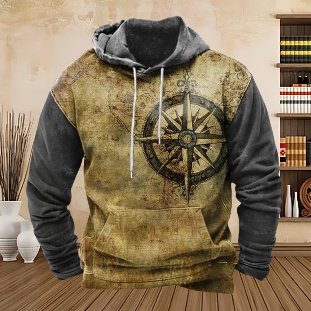 Abstract Vintage Design on Grey Beige Hoodie Pullover