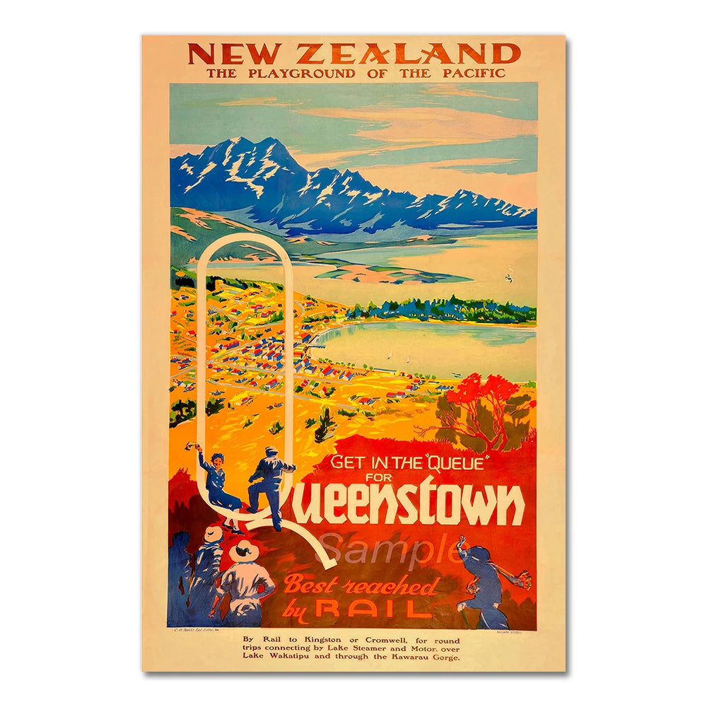 Vintage travel poster for New Zealand with scenic landscape and text.