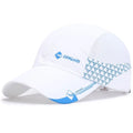 White cap with blue accents and branding on a white background