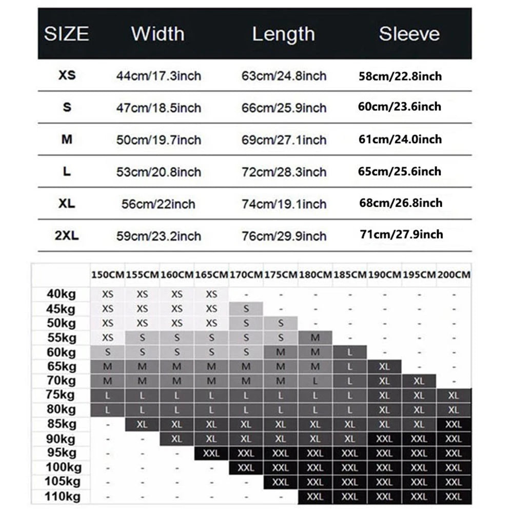 Size chart for clothing with measurements in centimeters and inches.