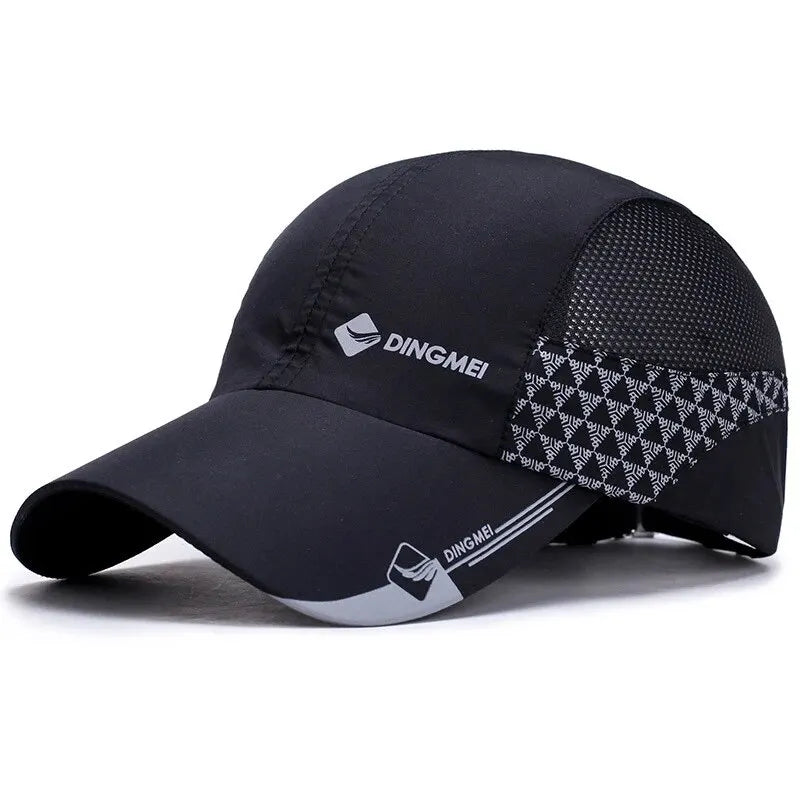Black baseball cap with mesh side and visible branding on a white background