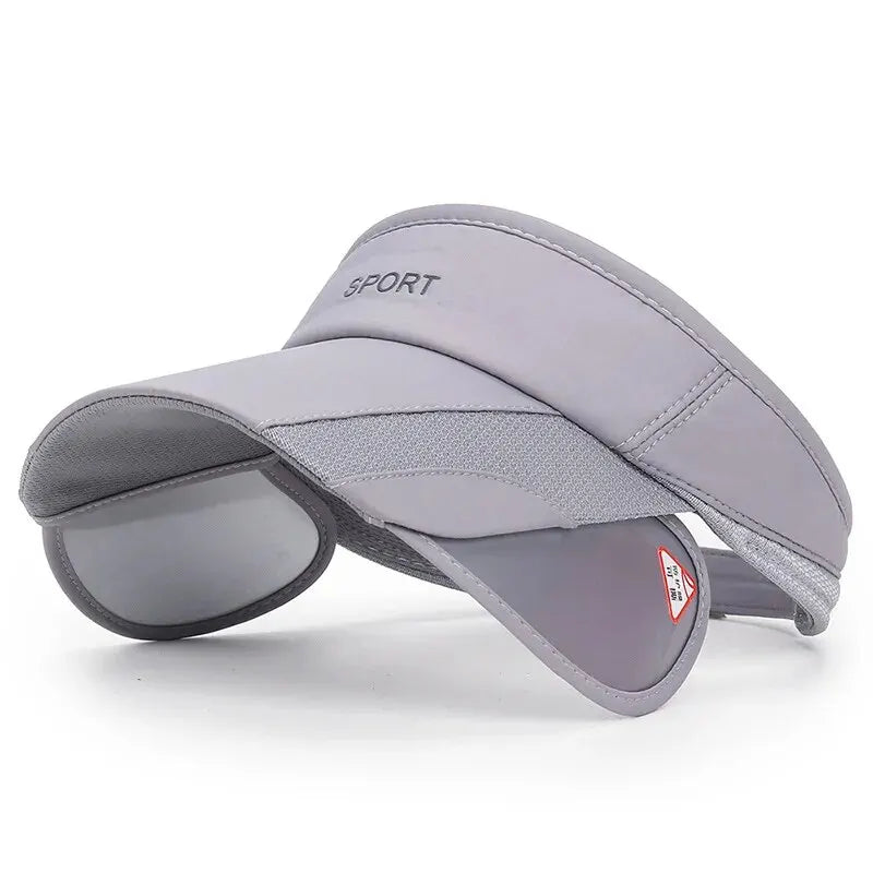 Gray visor cap with 'SPORT' text on a white background