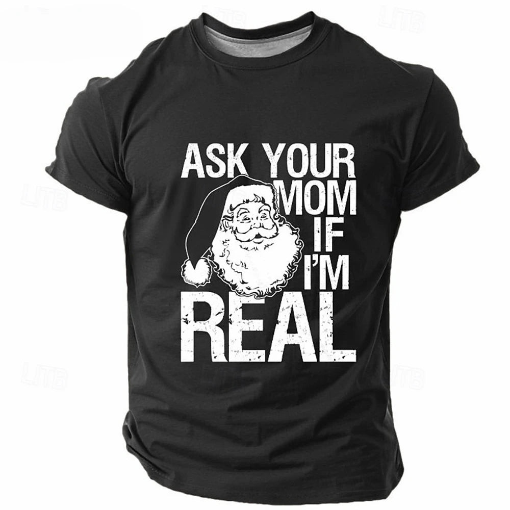 Santa on a grey shirt with ask your mom text in white