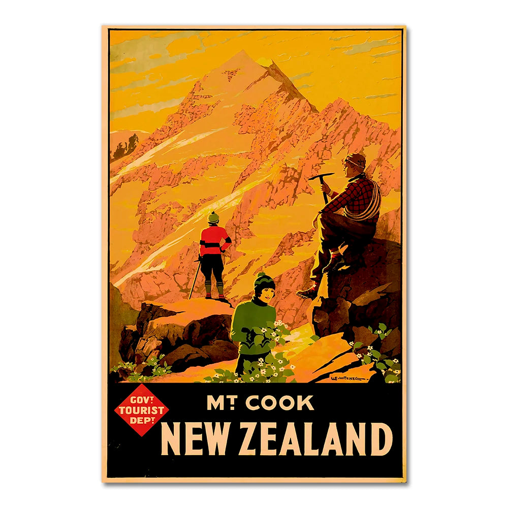 Vintage-style poster of climbers on Mount Cook, New Zealand with a yellow mountain and climbers in green and red clothing.