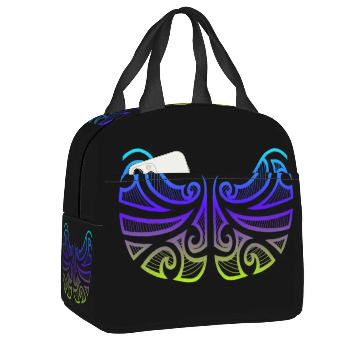 Black insulated Lunch bag with colourful abstract design on a white background
