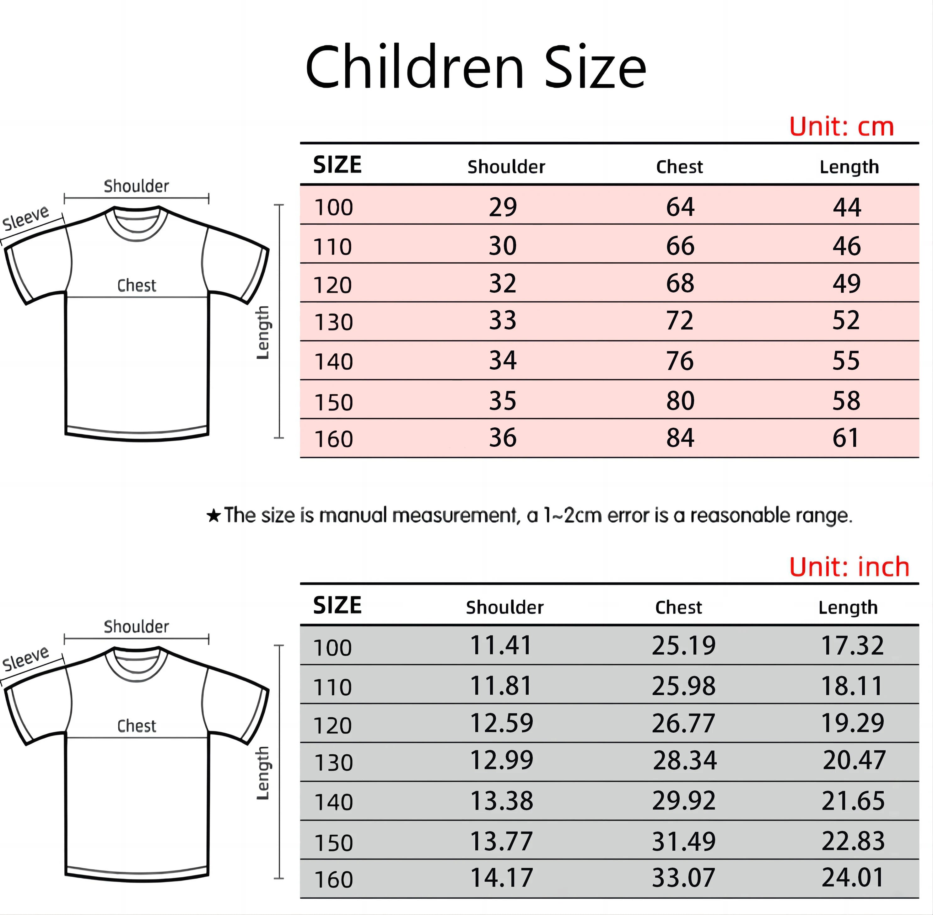 Children's size chart for shirts with measurements in centimeters and inches.