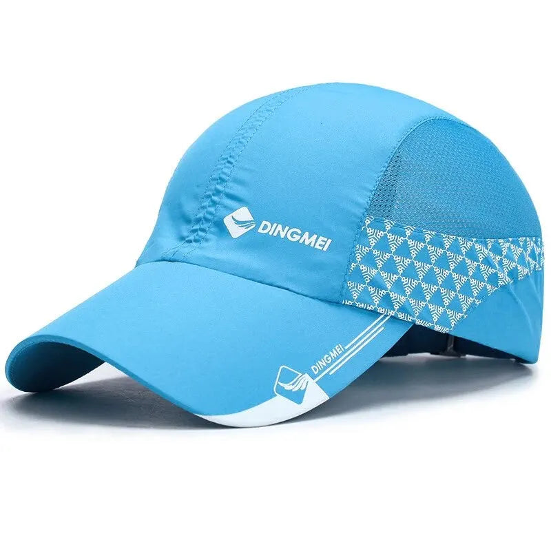 Blue cap with mesh design and visible branding on a white background