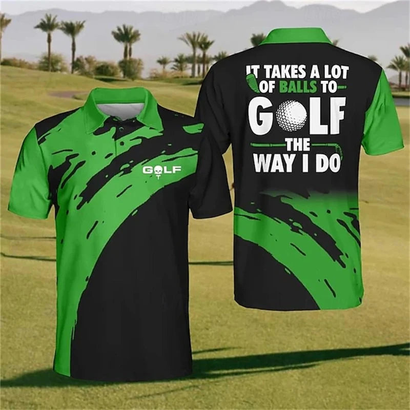 Green and black polo shirt with golf-themed text on a golf course background