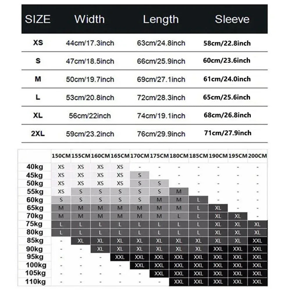 Size chart for clothing with dimensions in centimeters and inches.