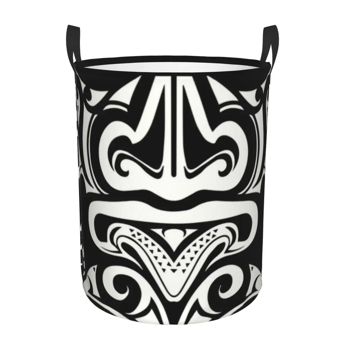 Black and white patterned laundry basket on a white background