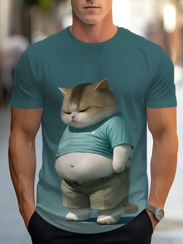 Person wearing a teal t-shirt with a cartoon cat design.