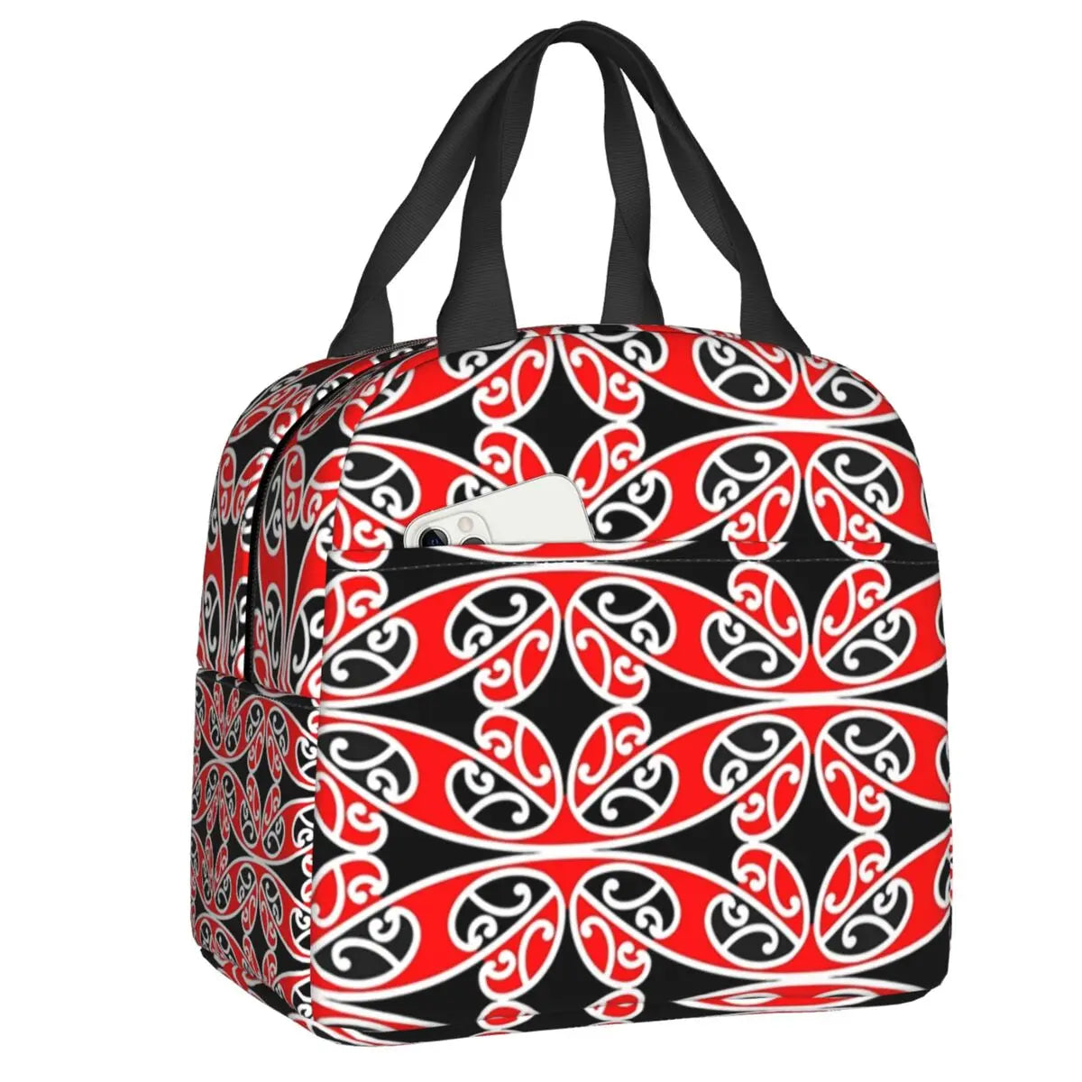 insulated Lunch bag with red and black pattern on a white background