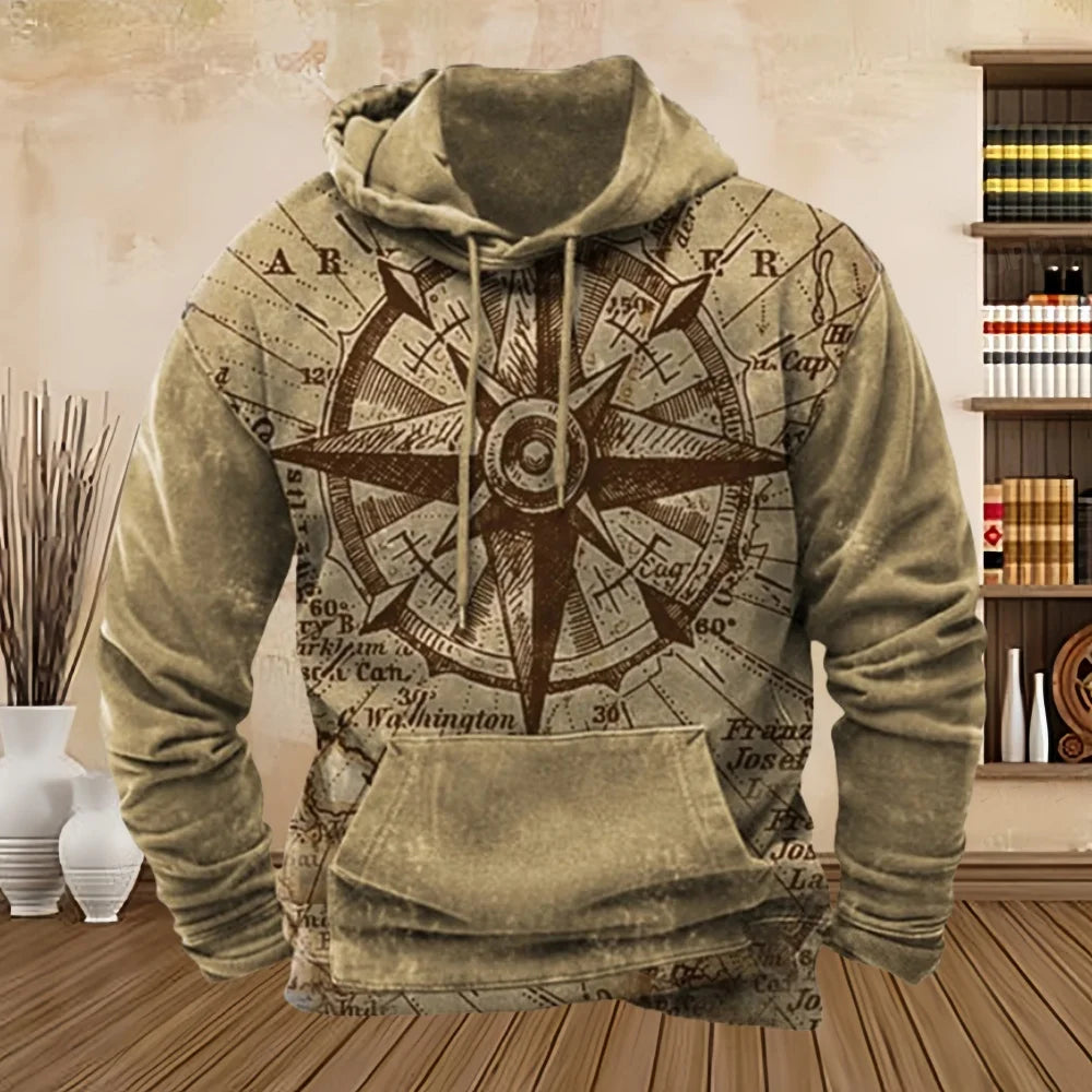 Abstract Vintage compass Design on brown Hoodie Pullover