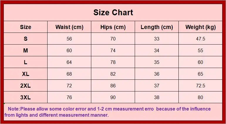 Size chart for clothing with measurements in centimeters and kilograms on a pink background.