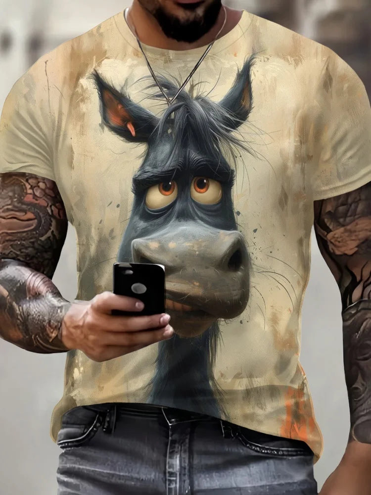 Person wearing a t-shirt with a donkey graphic, holding a phone.