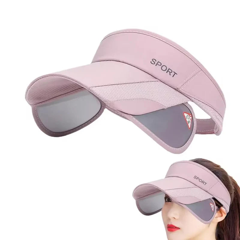 Pink visor with sunglasses attached, featuring the word 'SPORT' on a white background.