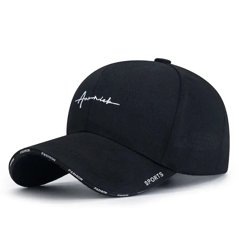 Black baseball cap with white text on a white background