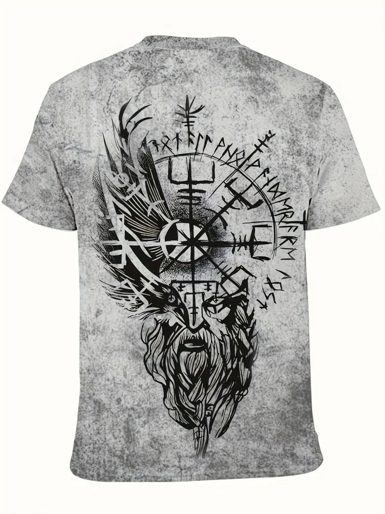 Gray t-shirt with black and white graphic design of a deer head and Runes on a white background