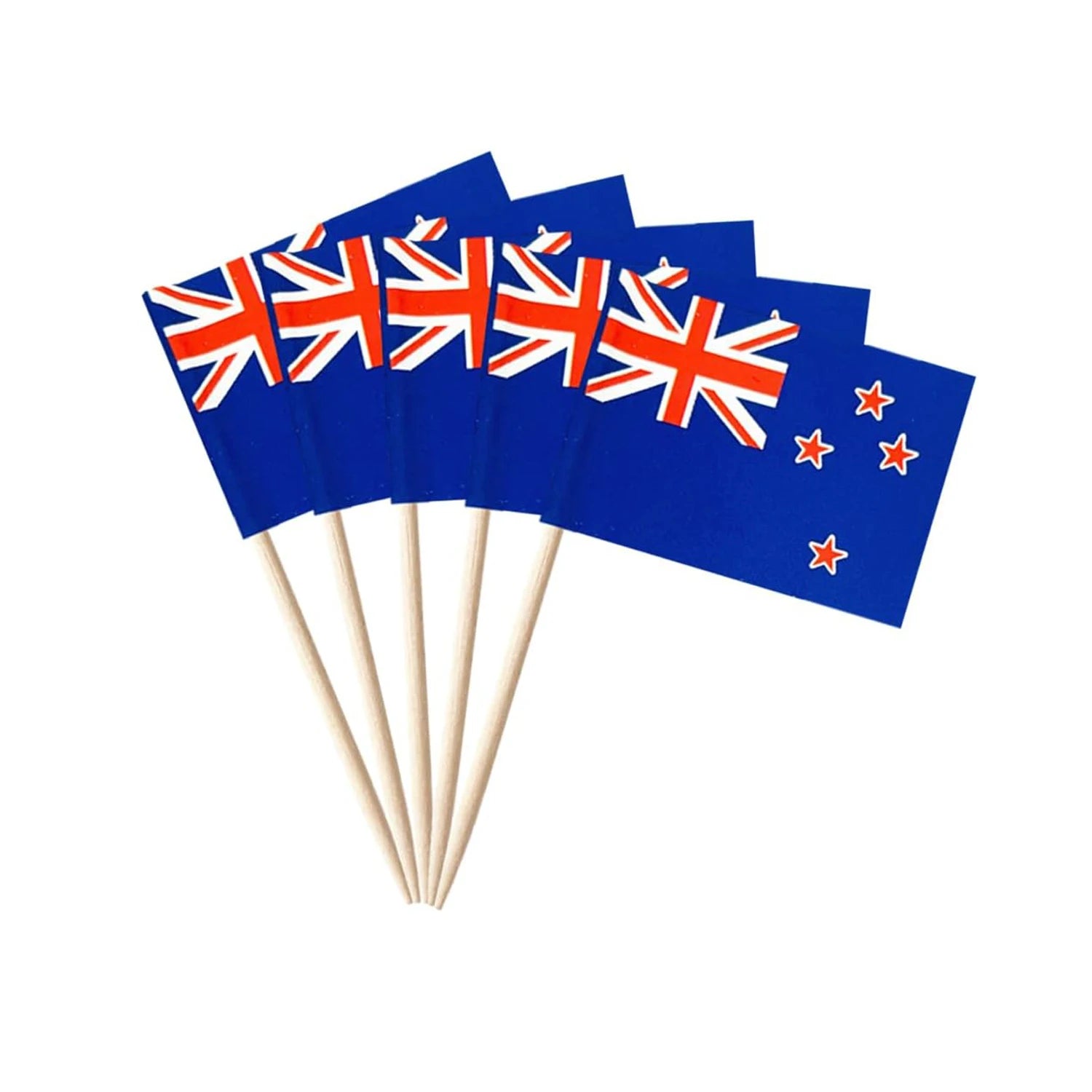 Set of New Zealand flags on wooden sticks against a white background