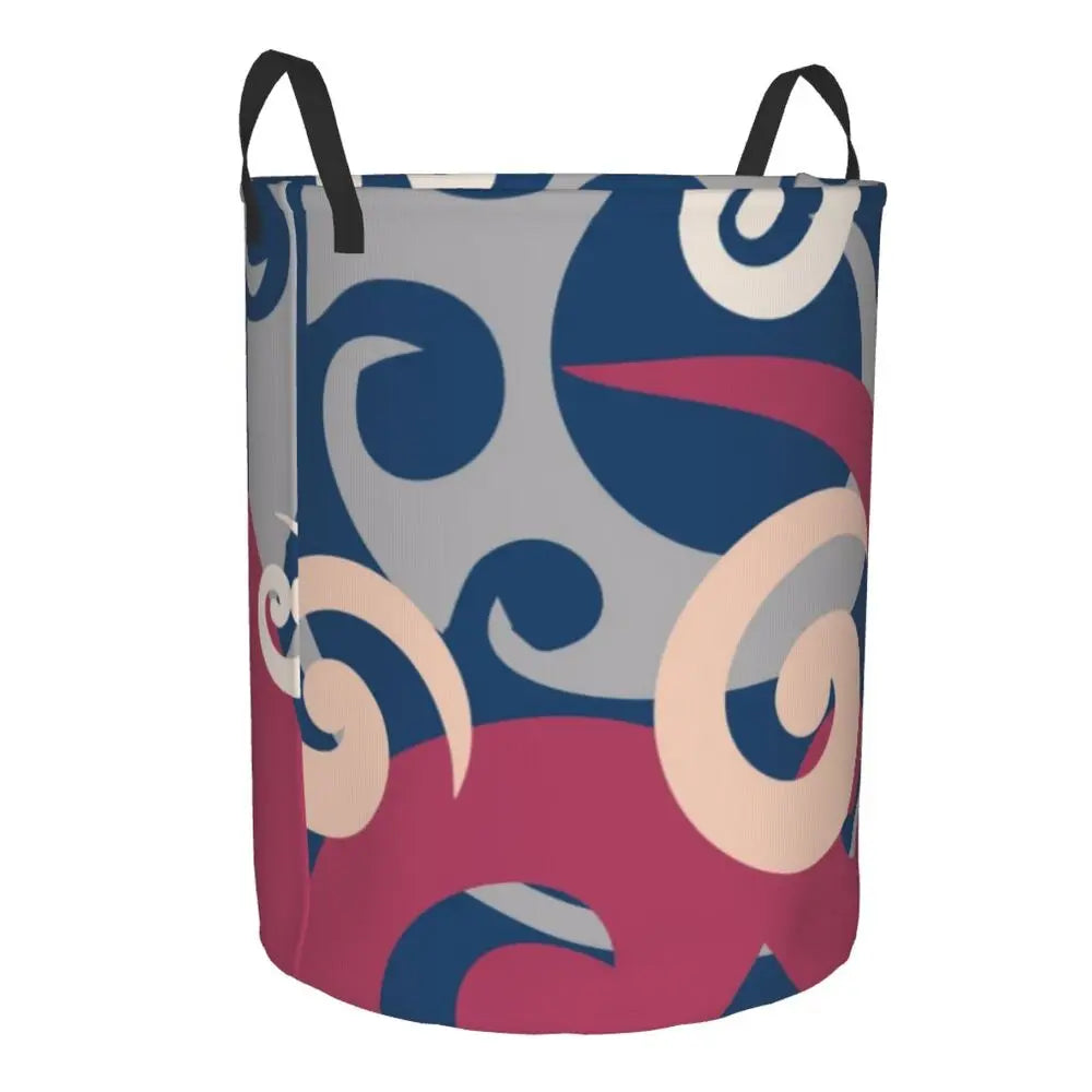 Colorful patterned laundry basket on a white background