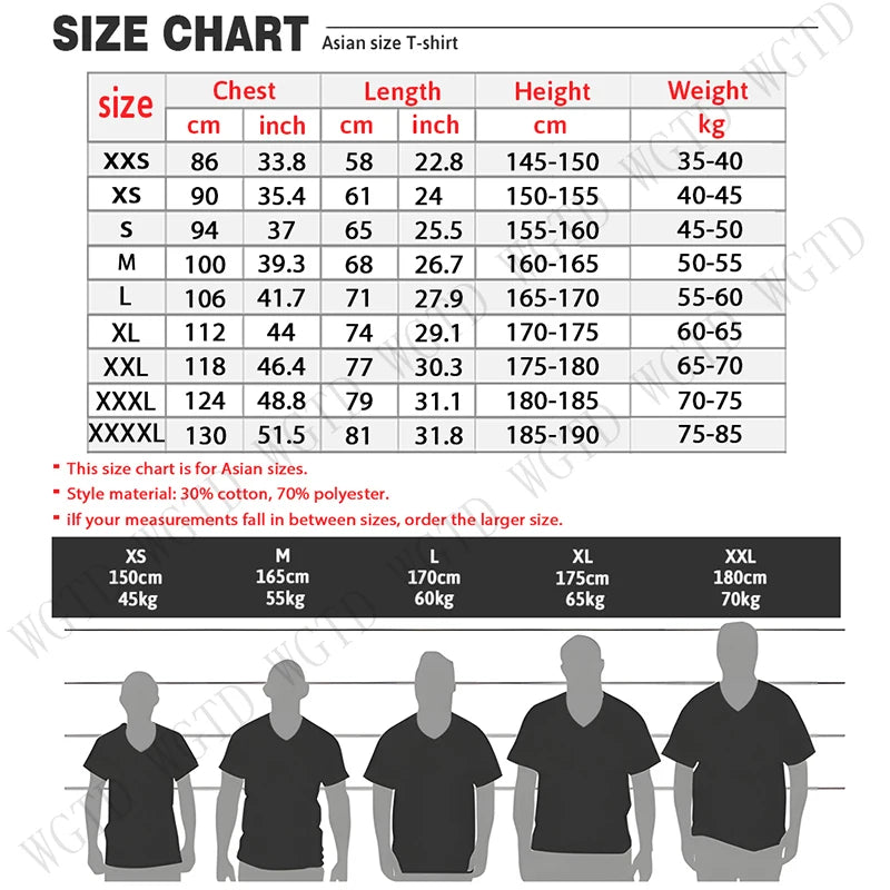Size chart for Asian T-shirt measurements with height, weight, and chest circumference charts.