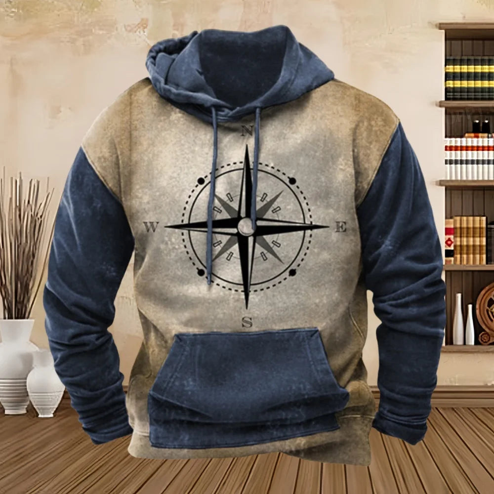 Abstract Vintage compass Design on blue, beige Hoodie Pullover