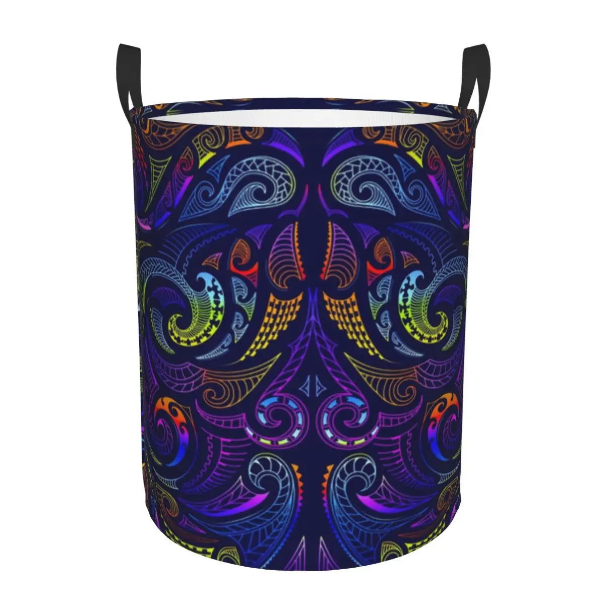 Colorful paisley-patterned laundry basket on a white background
