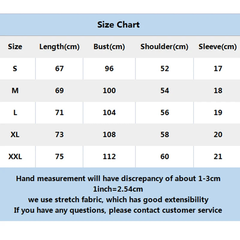 Size chart for clothing with measurements in centimeters