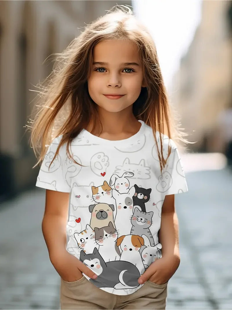 Child wearing a white t-shirt with animal prints outdoors