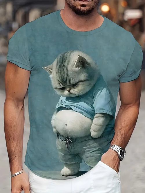 Person wearing a t-shirt with a graphic of a cat in a blue shirt and shorts.