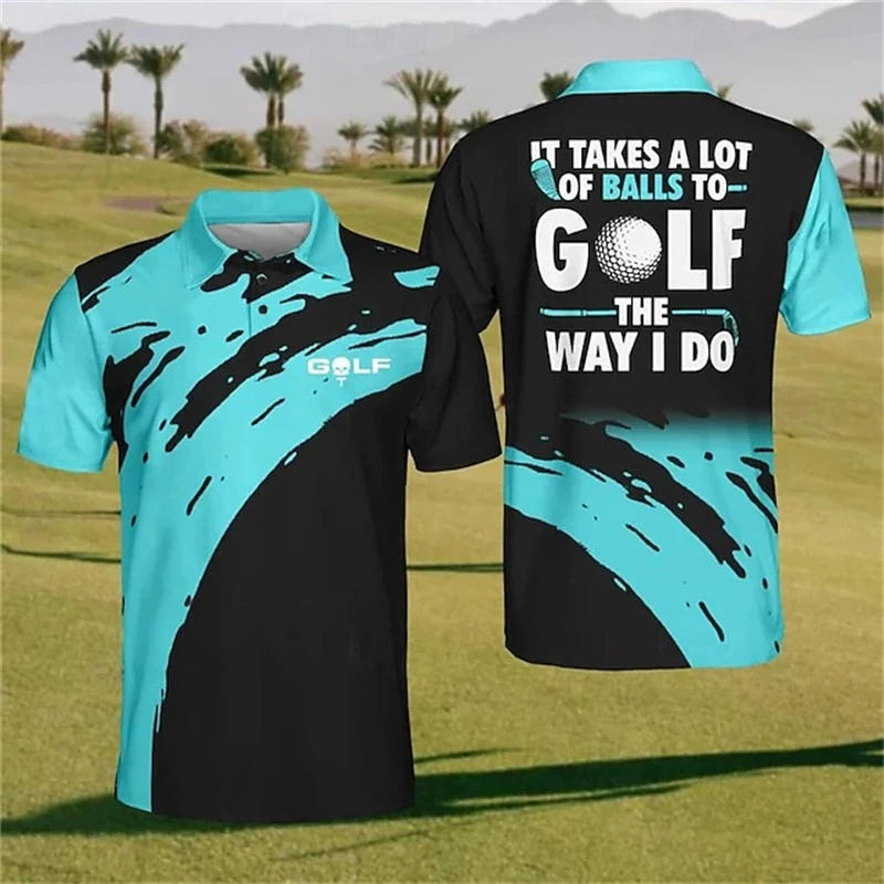 Two polo shirts, one turquoise and black with a graphic design, the other black and turquoise with text on a golf course background.